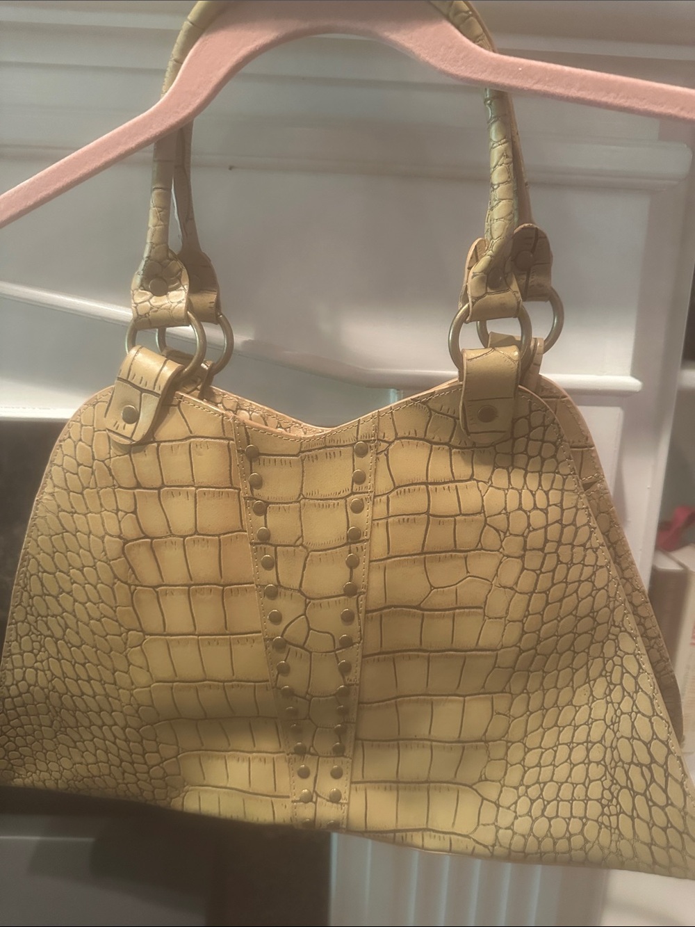 Women's Croc-Embossed Satchel Handbag in Mustard Yellow